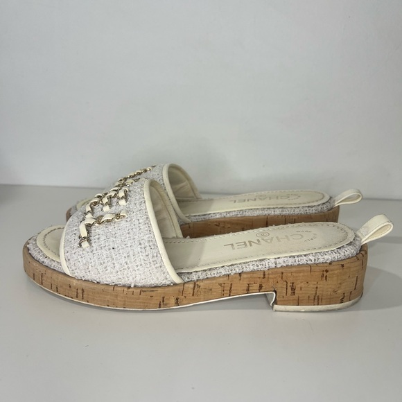 Chanel CC 2021 Chain Pool Tweed Cork Heels Mule Sandals Slides Shoes - Picture 12 of 13